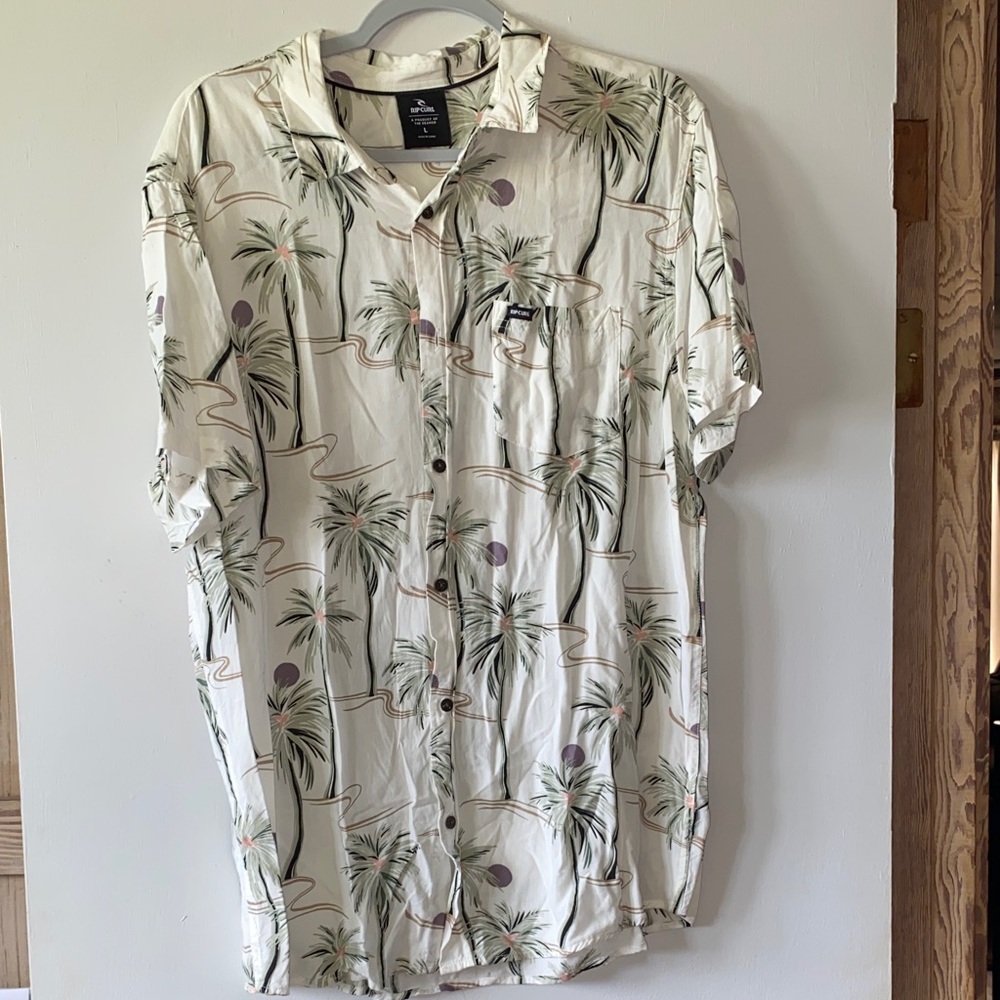 Rip Curl Cream Short-Sleeve Palm Print Button-Up Shirt